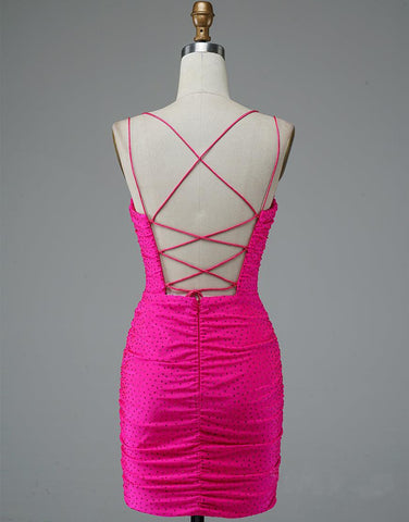 Kurzes Homecoming-Kleid mit Spaghettiträgern und Schnürung, Pink, Partykleid PD437