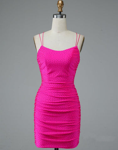 Kurzes Homecoming-Kleid mit Spaghettiträgern und Schnürung, Pink, Partykleid PD437