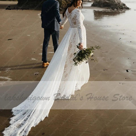 Vestido de noiva estilo hippie com renda e manga comprida NumberSea NumberSea, robe de noiva sexy, corte A, estilo boho, 2021, tamanho grande, para mulher, praia, vestidos de noiva 