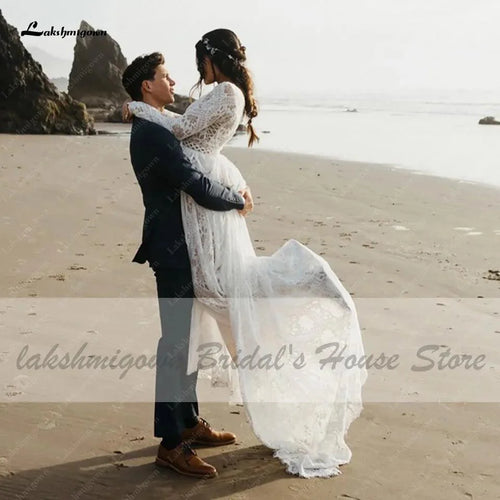 NumberSea NumberSea Robe de mariée en dentelle hippie à manches longues Robe de mariée sexy ligne A Boho 2021 Robes de mariée plage grande taille pour femmes