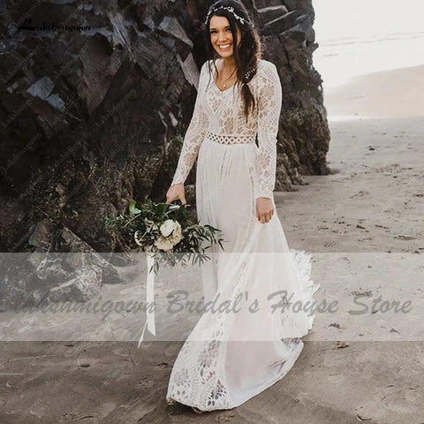 Vestido de noiva estilo hippie com renda e manga comprida NumberSea NumberSea, robe de noiva sexy, corte A, estilo boho, 2021, tamanho grande, para mulher, praia, vestidos de noiva 