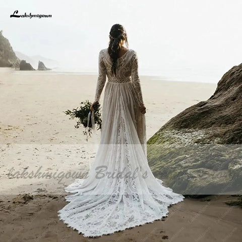 Vestido de noiva estilo hippie com renda e manga comprida NumberSea NumberSea, robe de noiva sexy, corte A, estilo boho, 2021, tamanho grande, para mulher, praia, vestidos de noiva 