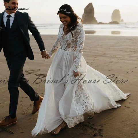 Vestido de noiva estilo hippie com renda e manga comprida NumberSea NumberSea, robe de noiva sexy, corte A, estilo boho, 2021, tamanho grande, para mulher, praia, vestidos de noiva 