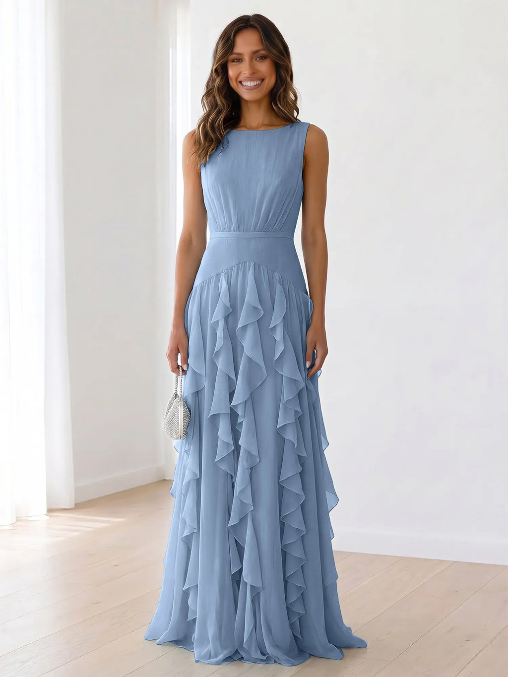 Sleeveless Tiered Chiffon Maxi Evening Gown with Ruched Bodice