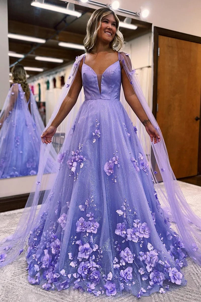 Vestidos de festa compridos com renda floral 3D lavanda e mangas evasé PSK446