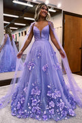 Robe de bal longue à manches longues en ligne A avec dentelle florale 3D lavande PSK446