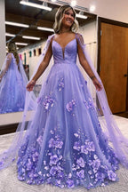 Vestidos de festa compridos com renda floral 3D lavanda e mangas evasé PSK446