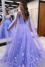 Vestidos de festa compridos com renda floral 3D lavanda e mangas evasé PSK446