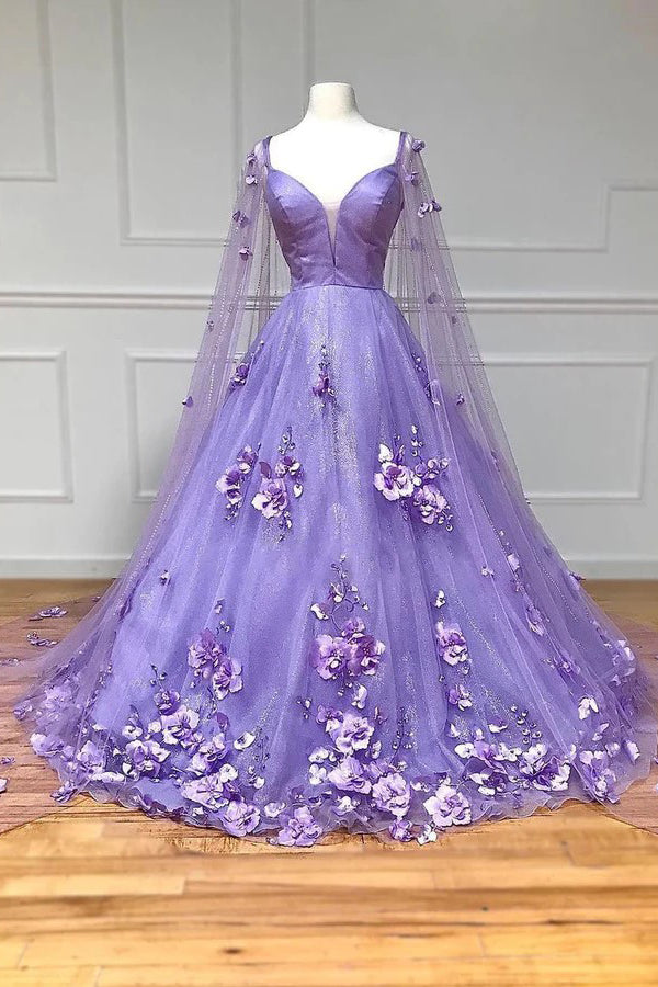Vestidos de festa compridos com renda floral 3D lavanda e mangas evasé PSK446