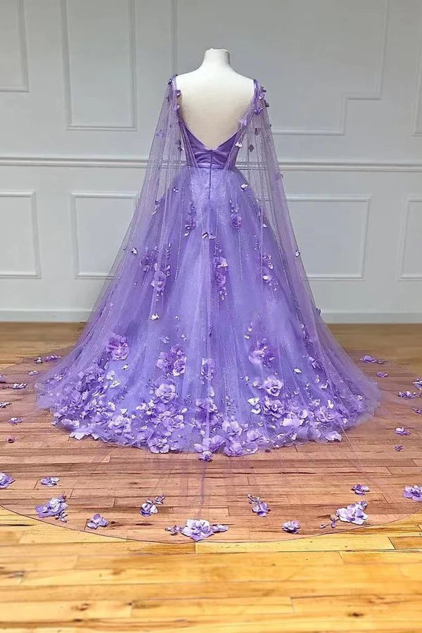 Vestidos de festa compridos com renda floral 3D lavanda e mangas evasé PSK446