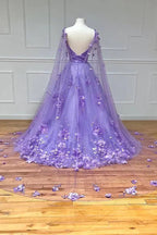 Vestidos de festa compridos com renda floral 3D lavanda e mangas evasé PSK446