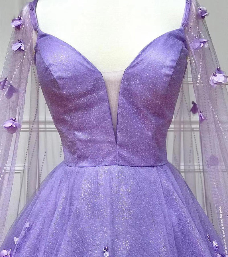 Vestidos de festa compridos com renda floral 3D lavanda e mangas evasé PSK446