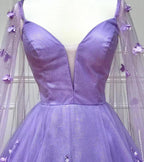 Vestidos de festa compridos com renda floral 3D lavanda e mangas evasé PSK446