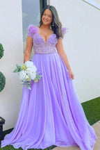 Vestido de festa comprido com decote em A, cor lavanda, decote ombro a ombro, com penas, PSK433
