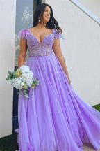 Vestido de festa comprido com decote em A, cor lavanda, decote ombro a ombro, com penas, PSK433