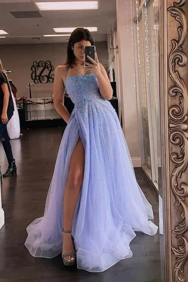 Vestidos de festa compridos com racha e tule lavanda, corte A, com missangas, PSK436