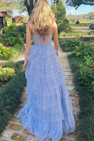Tulle Sequin Ruffle Tiered Lavender Long Prom Dress PSK543
