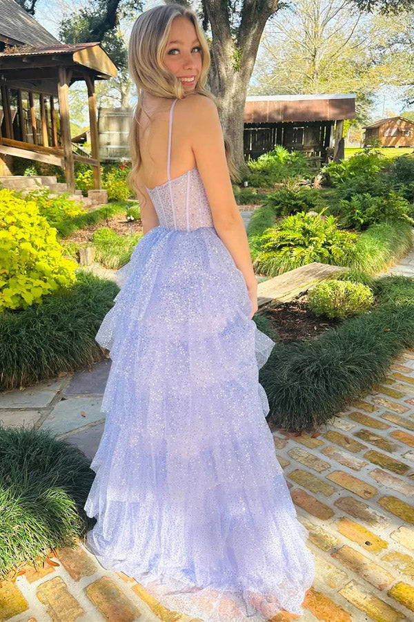 Tulle Sequin Ruffle Tiered Lavender Long Prom Dress PSK543