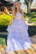 Langes Ballkleid mit Tüll, Pailletten und Rüschen, Lavendel, PSK543