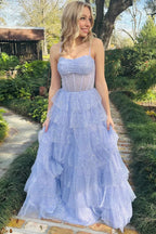 Tulle Sequin Ruffle Tiered Lavender Long Prom Dress PSK543