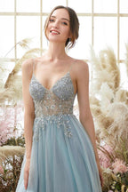 Vestidos de baile de tule azul claro com corte A e contas PSK291