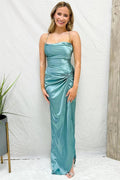 Hellblaues langes Ballkleid mit Wasserfallausschnitt, gedrehtem Knoten und Schlitz, PSK430