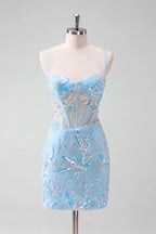 Light Blue Sequined Embroidery Tight Corset Homecoming Dress PD562