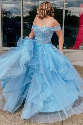 Light Blue Tulle Off-the-Shoulder Tiered A-Line Prom Evening Dress PSK400