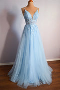 Abito da Sera Lungo da Ballo in Tulle Azzurro Chiaro con Scollo a V e Allacciatura PSK439