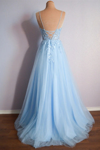 V Neck Lace-Up Tulle Light Blue Long Prom Dress Evening Dress PSK439