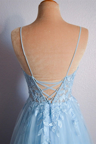 V Neck Lace-Up Tulle Light Blue Long Prom Dress Evening Dress PSK439