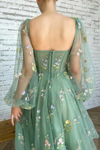 Embroidered Tulle Light Green Prom dress With Puffy Long Sleeve PSK304
