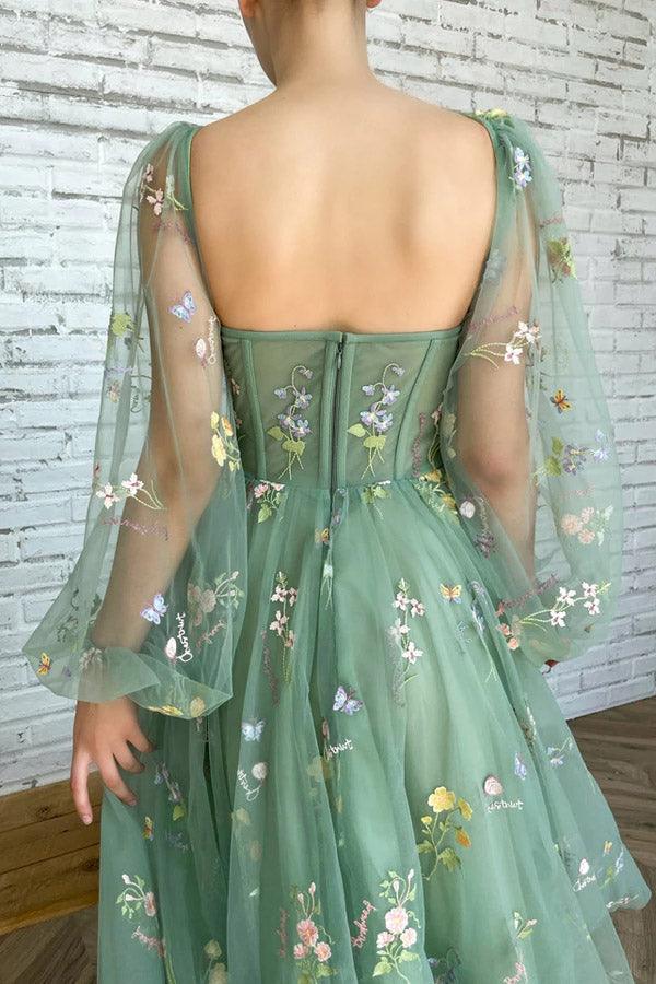 Embroidered Tulle Light Green Prom dress With Puffy Long Sleeve PSK304