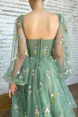 Embroidered Tulle Light Green Prom dress With Puffy Long Sleeve PSK304