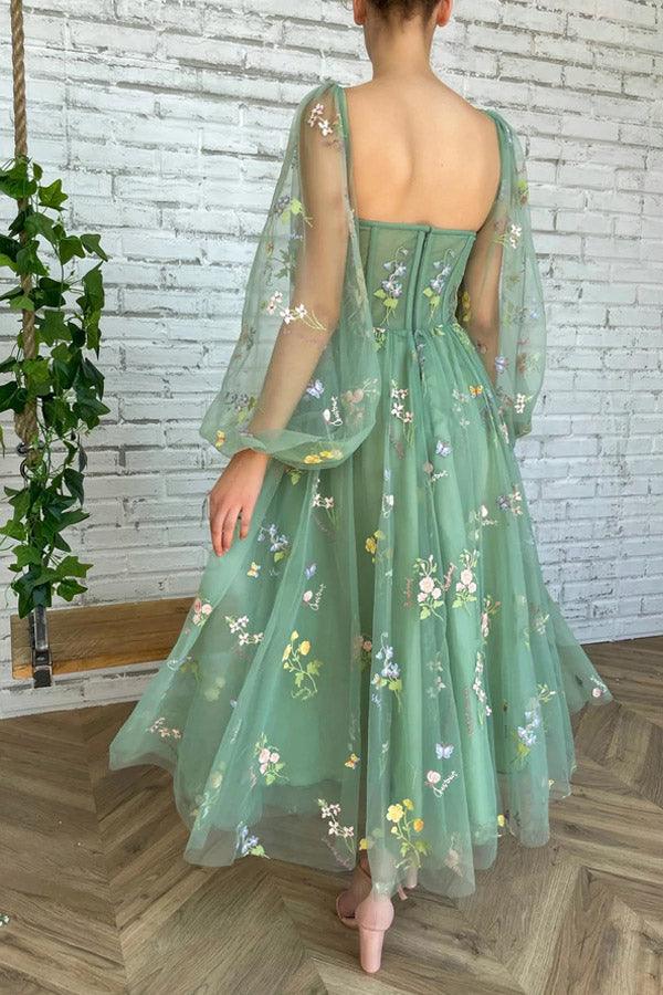 Embroidered Tulle Light Green Prom dress With Puffy Long Sleeve PSK304