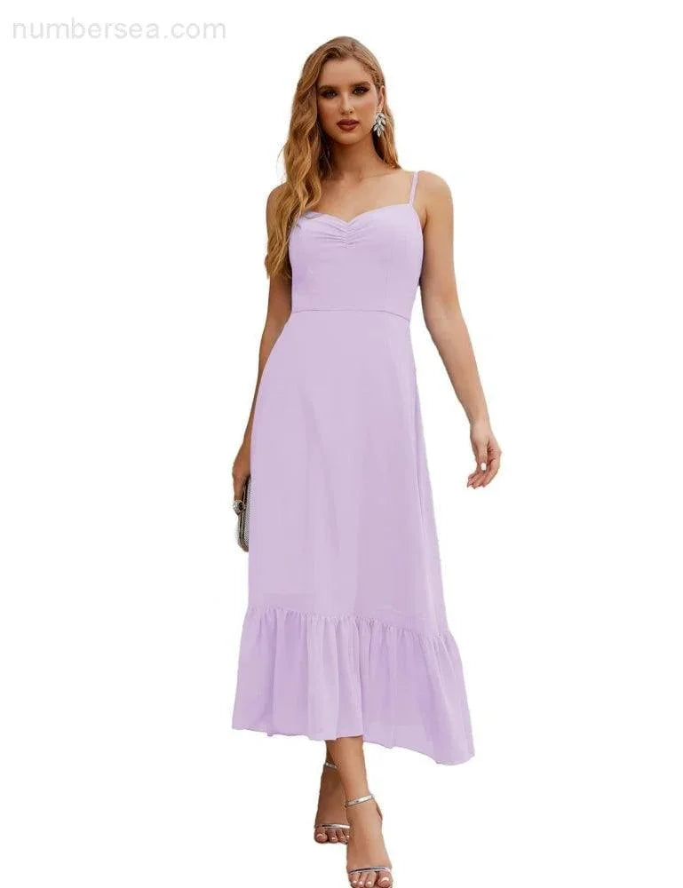 Numbersea Spaghetti-Träger Chiffon Brautjungfernkleid Knöchellänge Formell A-Linie Cocktail Party Homecoming-Kleid für Juniorinnen SEA28028