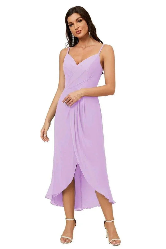 Numbersea Spaghetti-Träger Chiffon V-Ausschnitt Brautjungfernkleid Mittellanger Schlitz Formelles Abschlussballkleid Homecoming-Kleid 2803
