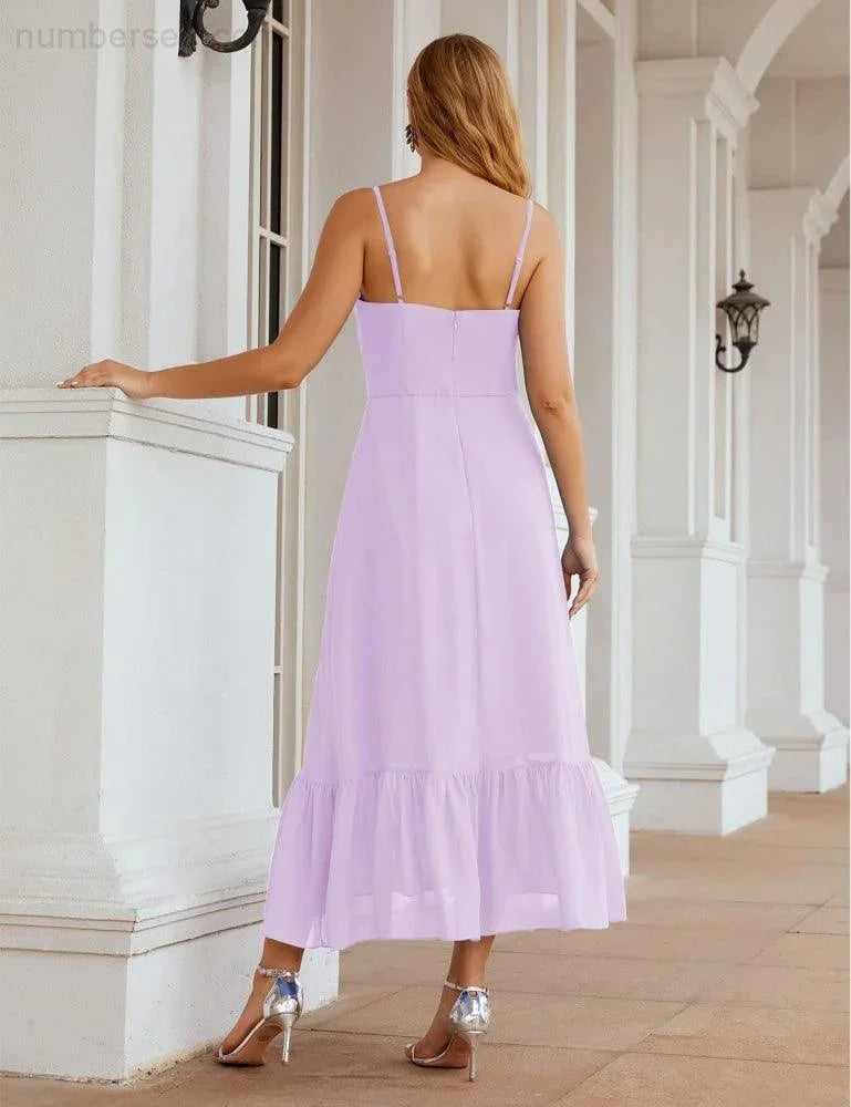 Numbersea Spaghetti-Träger Chiffon Brautjungfernkleid Knöchellänge Formell A-Linie Cocktail Party Homecoming-Kleid für Juniorinnen SEA28028