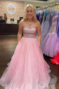 Vestido de festa comprido rosa claro, corte A, comprimento até ao chão, sem alças, tule brilhante, PSK411