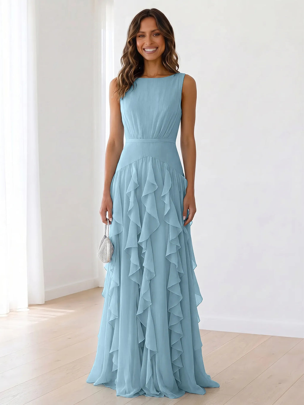 Sleeveless Tiered Chiffon Maxi Evening Gown with Ruched Bodice