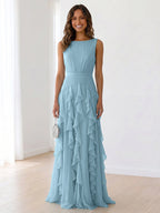 Sleeveless Tiered Chiffon Maxi Evening Gown with Ruched Bodice