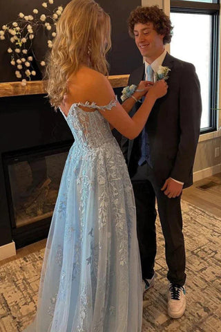 Light Blue Tulle Off Shoulder Long Prom Dresses With Appliques PSK421
