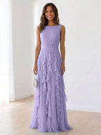 Sleeveless Tiered Chiffon Maxi Evening Gown with Ruched Bodice