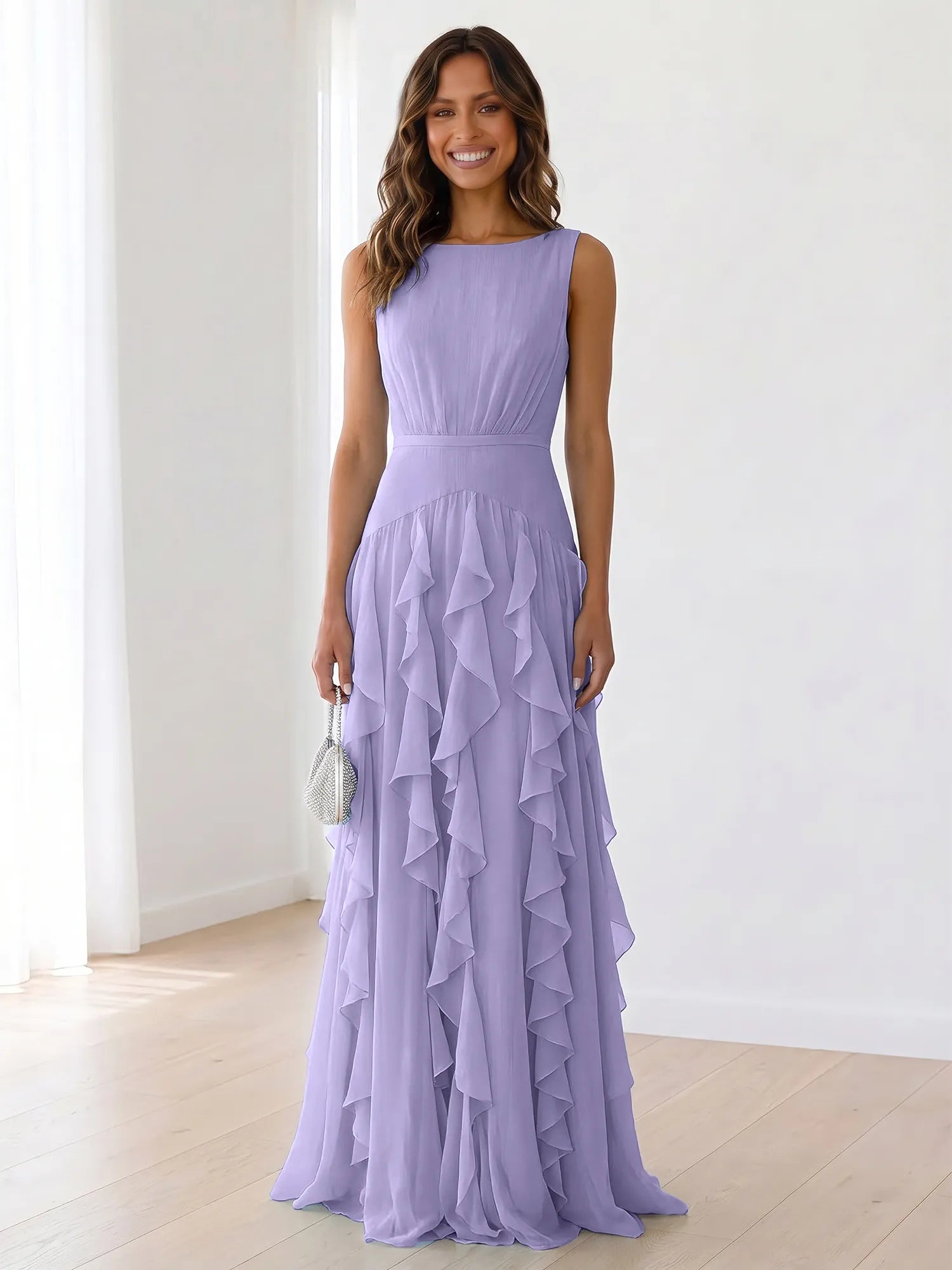 Sleeveless Tiered Chiffon Maxi Evening Gown with Ruched Bodice