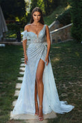 Langes Meerjungfrau-Ballkleid mit One-Shoulder-Tüll und Pailletten und Schlitz