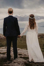 Long Sleeves Wedding Dress A-Line/Princess Appliques Floor-Length Chiffon