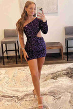 Vestido de Fiesta de Una Sola Espalda Morado Ajustado con Lentejuelas SYH34