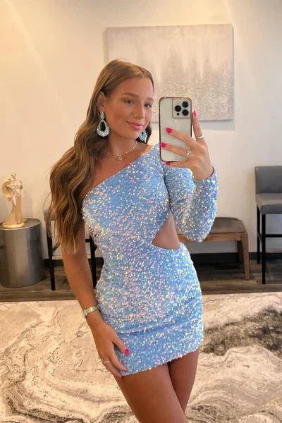Vestido de Fiesta de Una Sola Espalda Morado Ajustado con Lentejuelas SYH34