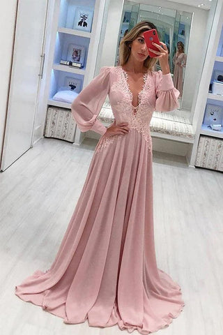 Langärmliges Ballkleid mit tiefem V-Ausschnitt und A-Linie, rosa Ballkleid PSK346
