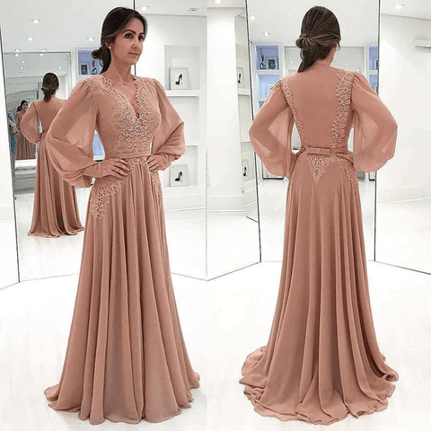 Langärmliges Ballkleid mit tiefem V-Ausschnitt und A-Linie, rosa Ballkleid PSK346